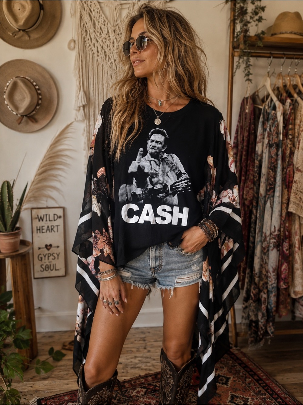 Johnny Cash Graphic Floral Kimono Tee